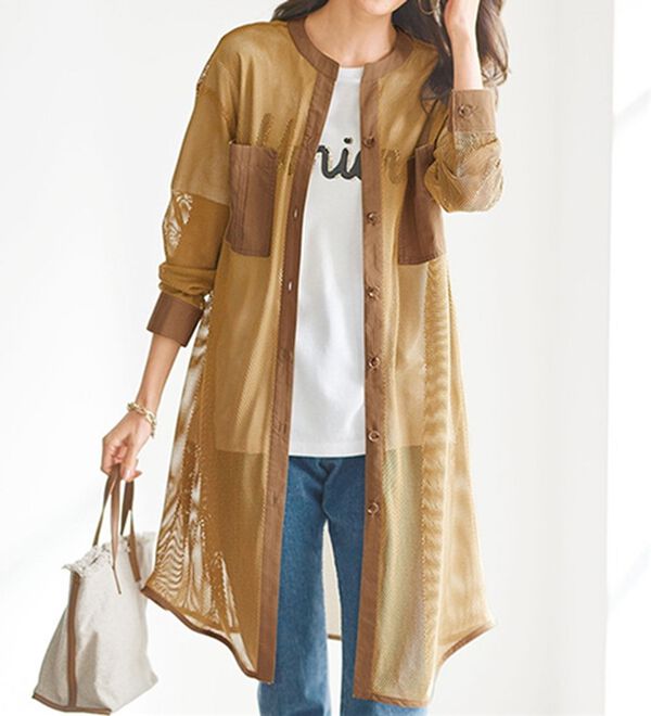 BELLUNA（ベルーナ）の「さっと羽織るだけ！メッシュ素材ロングジャケット（その他ジャケット）」｜オレンジ