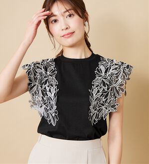 alotta（アロッタ）の「袖刺しゅうカットソー（カットソー）」｜ブラック