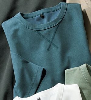 「＜シンプル＆プラス＞長く着られるライトトレーナー（メンズＴシャツ）」｜ブルーグリーン