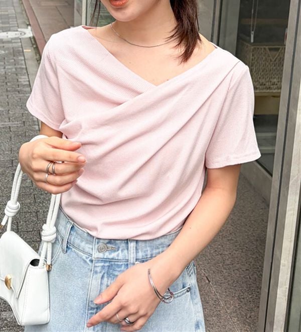 RANAN（ラナン）の「【新色追加】ひんやり上品ドレープリブTシャツ（カットソー）」｜ライトピンク