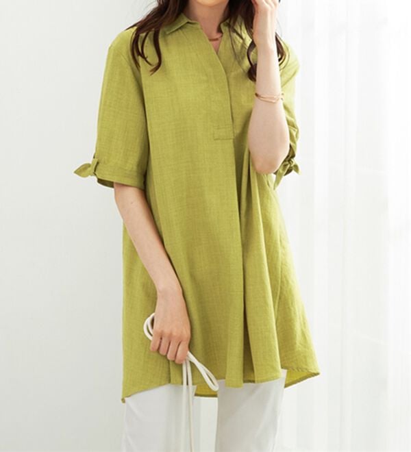 BELLUNA（ベルーナ）の「【接触冷感】麻調素材袖リボン使いシャツチュニック（チュニック）」｜詳細画像