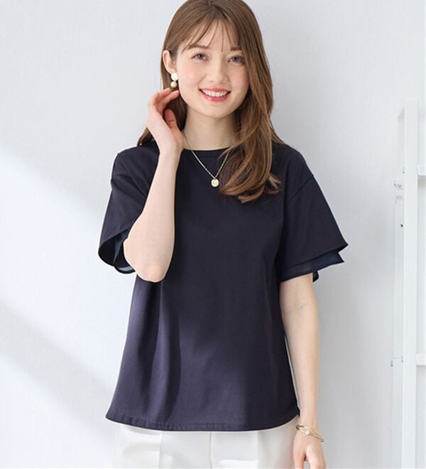 alotta（アロッタ）の「【接触冷感】＜丈が選べる＞袖口シフォンＴシャツチュニック（カットソー）」｜ネイビー／レギュラー丈