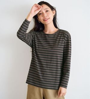 BELLUNA（ベルーナ）の「＜＆ｃｏｃｏｃｈｉ＞ハピネスコットン１００％しっかりボーダープルオーバー（カットソー）」｜モカ&times;黒