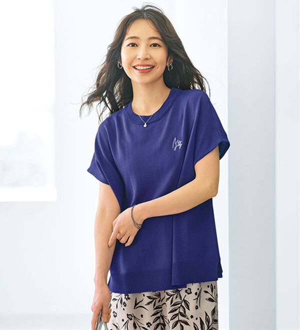 BELLUNA（ベルーナ）の「【快適Ｌａｂ．】シャリ冷！洗える多機能フレンチ袖ニットＴシャツ（ニット・セーター）」｜バイオレット