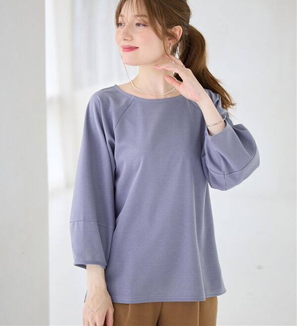 alotta（アロッタ）の「【接触冷感】さらっと上品ランタンスリーブカットソー（カットソー）」｜スモーキーブルー／７分袖
