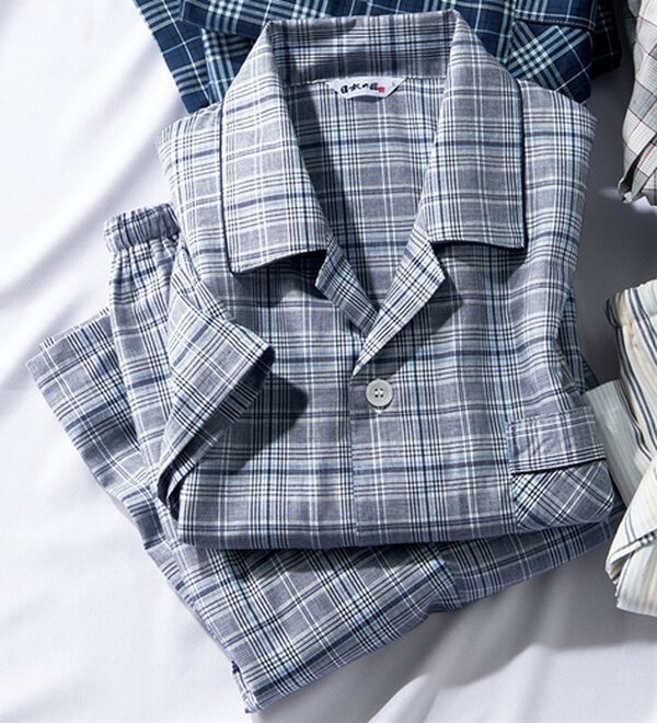 「日本製ひんやり綿１００％播州織パジャマ（メンズルームウェア）」｜ブルー