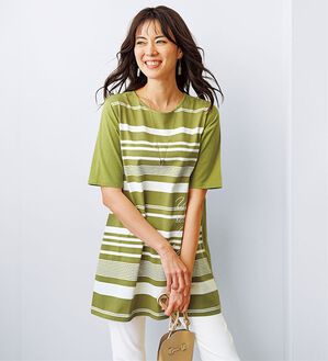 BELLUNA（ベルーナ）の「綿１００％夏映えボーダー&times;ロゴチュニック（チュニック）」｜イエローグリーン系