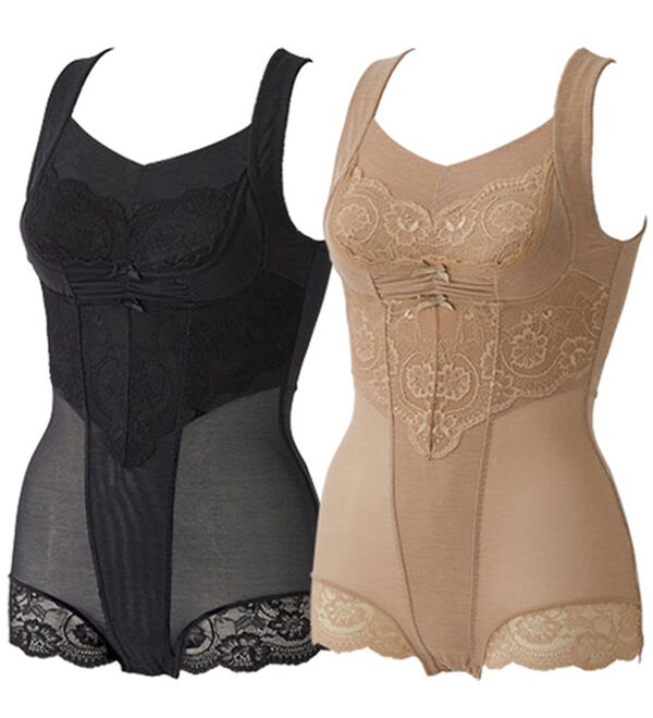 LAVIENNE（ラヴィエンヌ）の「【２色組】グラマーさんの綿入りお腹スッキリボディスーツ（ボディスーツ・シェイパー）」｜2色組