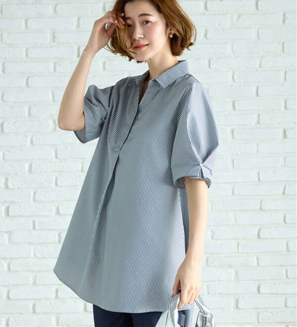 BELLUNA（ベルーナ）の「【接触冷感】麻調素材袖パール付シャツチュニック（チュニック）」｜詳細画像