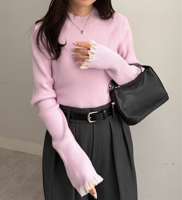 RANAN（ラナン）の「【春色追加】シアーフリル袖ハイネックリブニット（ニット・セーター）」｜詳細画像