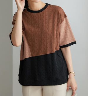 BELLUNA（ベルーナ）の「ミニケーブル柄パッチワーク風プルオーバー（カットソー）」｜ブラウン系