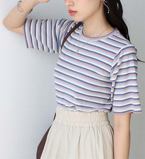 GeeRA（ジーラ）の「マルチボーダー５分袖リブカットソー（カットソー）」｜詳細画像