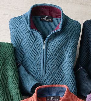 「＜コムルヴァン・オム＞トレーナー感覚で着られるハーフジップセーター（メンズニット・セーター）」｜インディゴ