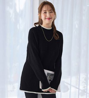 alotta（アロッタ）の「パチパチしにくい！洗えるリブ切替配色ニットプルオーバー（ニット・セーター）」｜ブラック