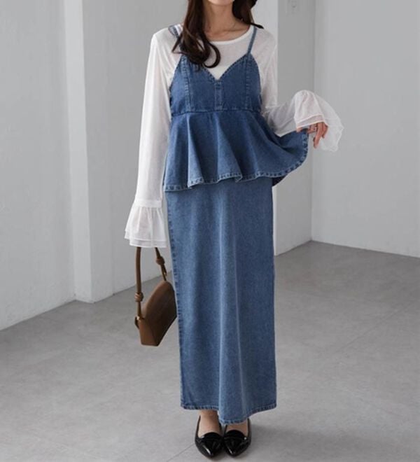 RANAN（ラナン）の「デニムペプラムキャミワンピース（ロングワンピース）」｜詳細画像