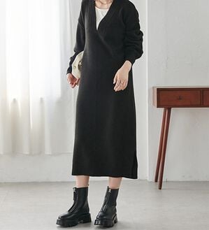 RANAN（ラナン）の「ディープキーネックニットワンピース（ニットワンピース）」｜ブラック