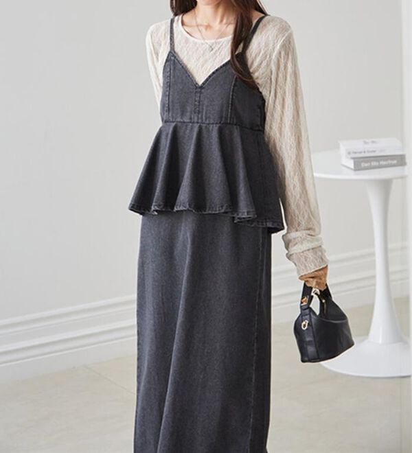 RANAN（ラナン）の「デニムペプラムキャミワンピース（ロングワンピース）」｜詳細画像