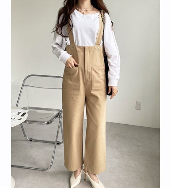 GeeRA（ジーラ）の「綿混ツイルハイウエストサロペット（オールインワン）」｜ベージュ