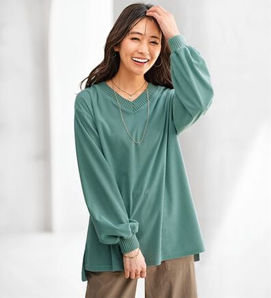 BELLUNA（ベルーナ）の「ニットリブＶネックコーデュロイプルオーバー（カットソー）」