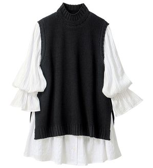 VINNO（ヴィノ）の「ニットベスト＆シャツチュニックセット（チュニック）」｜ブラック