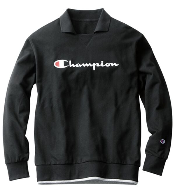 「＜チャンピオン＞衿デザイントレーナー（メンズトレーナー）」｜ブラック(衿付)
