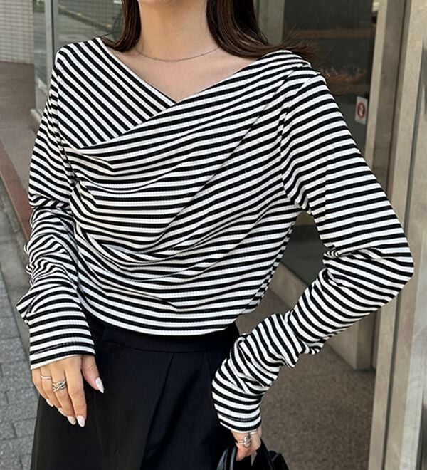 RANAN（ラナン）の「【春色追加】上品ドレープリブロングＴシャツ（カットソー）」｜ボーダー