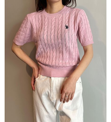 新品 POLOラルフローレンサマーニット半袖ケーブルニット S 紺 POLO