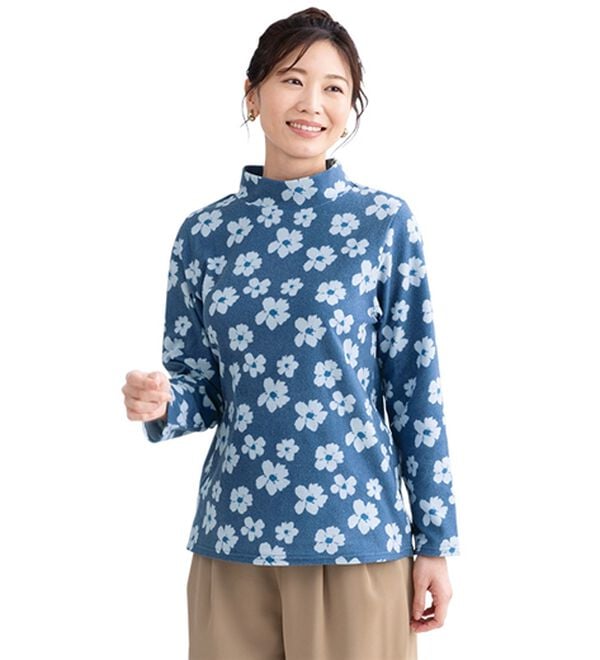 LAVIENNE（ラヴィエンヌ）の「【薄いのに暖かい】薄手ストレッチフリースのプリントハイネック長袖（ニット・セーター）」｜詳細画像