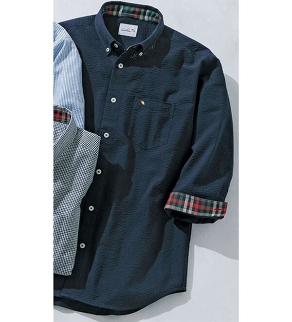 「＜アーノルド　パーマー＞シアサッカーデザインシャツ（長袖・７分袖）（メンズシャツ）」｜ネイビー