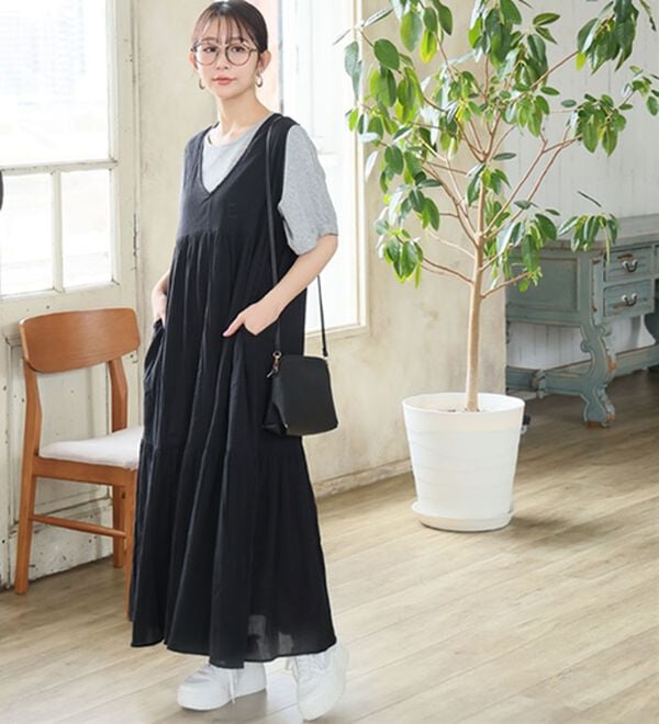 A HAPPY MARILYN（アハッピーマリリン）の「【Ｌ～６Ｌ】【風通るプレミアム】ウエストギャザーＶネックノースリーブワンピース（ロングワンピース）」｜詳細画像