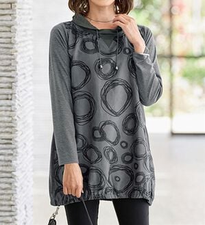 BELLUNA（ベルーナ）の「異素材切替プリントチュニック（チュニック）」｜チャコール系