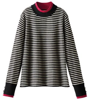 BELLUNA（ベルーナ）の「衿＆袖配色リブニットプルオーバー（ニット・セーター）」｜黒ボーダー系