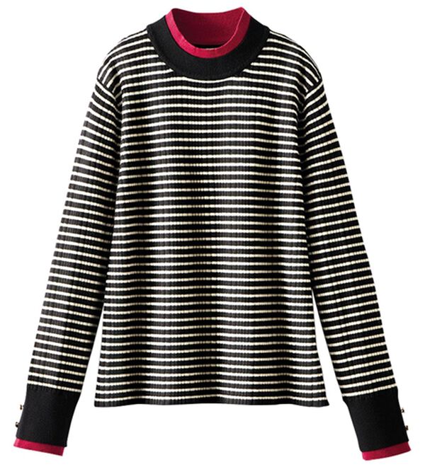 BELLUNA（ベルーナ）の「衿＆袖配色リブニットプルオーバー（ニット・セーター）」｜黒ボーダー系