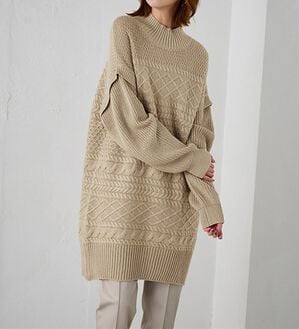 RANAN（ラナン）の「レイヤード風編地柄ロング丈ニット（チュニック）」｜ベージュ