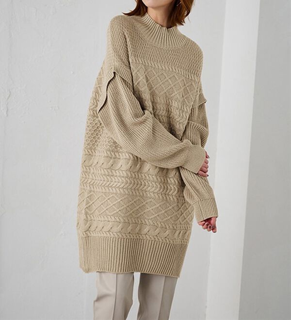 RANAN（ラナン）の「レイヤード風編地柄ロング丈ニット（チュニック）」｜ベージュ