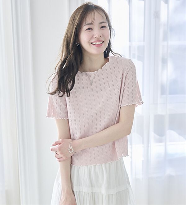 RANAN（ラナン）の「透かし柄メロー配色Ｔシャツ（カットソー）」｜詳細画像