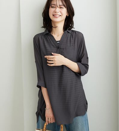 BELLUNA（ベルーナ）の「【シャツ+インナーのセット】スラブ素材ボタン使い裾タックシャツアンサンブル（アンサンブル）」