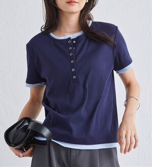 RANAN（ラナン）の「レイヤード風ヘンリーネックTシャツ（カットソー）」｜ネイビー系