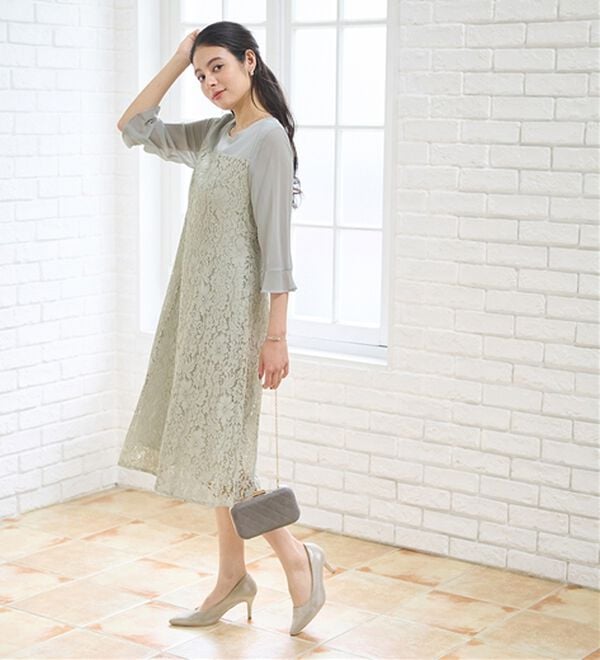 BELLUNA（ベルーナ）の「シャンタン素材ノーカラージャケットレースワンピースアンサンブル（ワンピースセットスーツ）」｜詳細画像