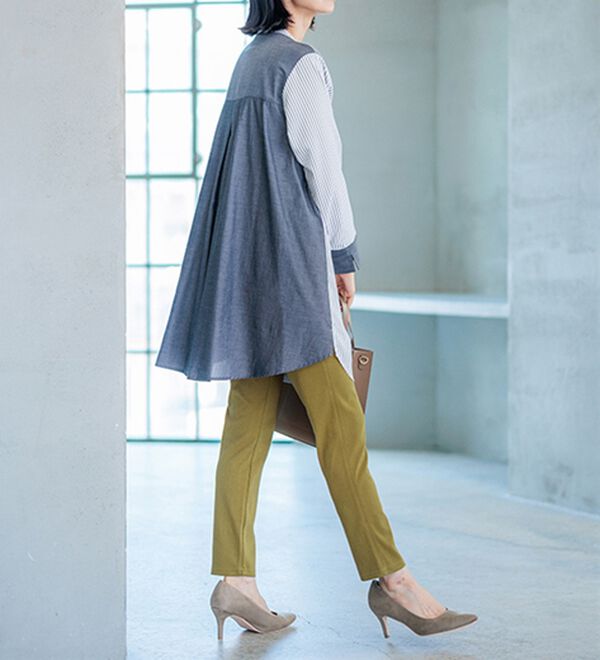 BELLUNA（ベルーナ）の「ストライプ&times;異素材切替シャツチュニック（チュニック）」｜詳細画像