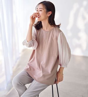 BELLUNA（ベルーナ）の「ヒンヤリ！プリーツ使いデザインプルオーバー（カットソー）」｜ピンクベージュ