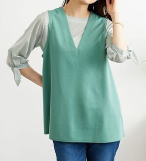 BELLUNA（ベルーナ）の「【2点セット】ストライプシャツ&times;ベストアンサンブル（アンサンブル）」｜セージ系