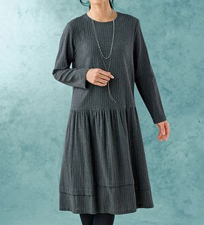 BELLUNA（ベルーナ）の「綿ガーゼ素材ストライプ使いワンピース（その他ワンピース）」｜杢チャコール