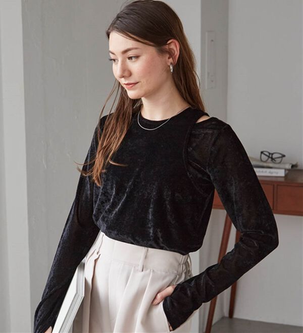 RANAN（ラナン）の「２ＷＡＹレイヤードシアーベロアトップス（カットソー）」｜ブラック