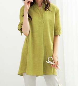 BELLUNA（ベルーナ）の「【接触冷感】麻調素材袖リボン使いシャツチュニック（チュニック）」｜ライムイエロー