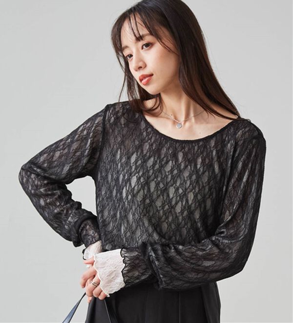 RANAN（ラナン）の「リバーシブルシアーレースＴ（カットソー）」｜ブラック／ホワイト