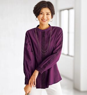 BELLUNA（ベルーナ）の「綿１００％レース×ピンタックデザインブラウス（ブラウス）」｜ワイン