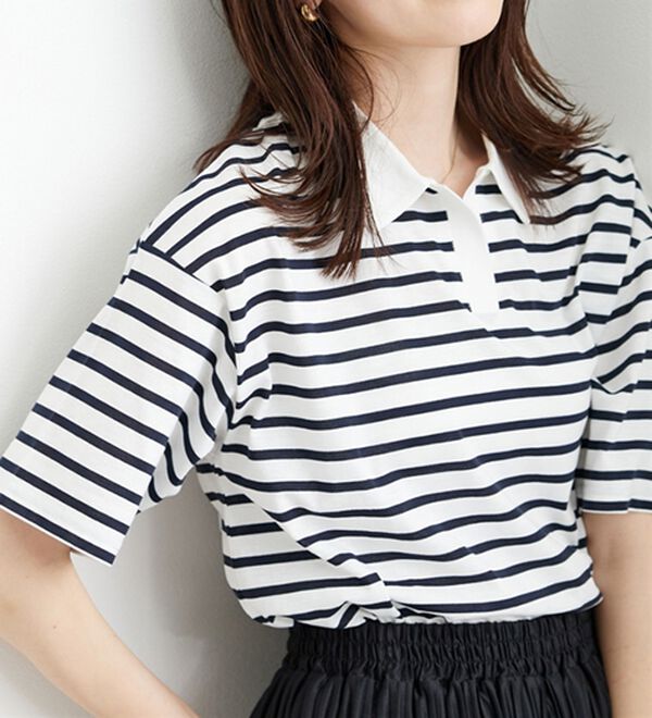 BELLUNA（ベルーナ）の「ボーダー柄スキッパーポロシャツ（カットソー）」｜詳細画像