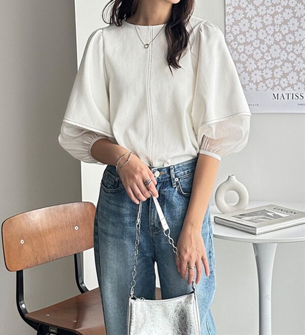 袖シアー切替ランタンスリーブトップス - ベルーナ【公式】