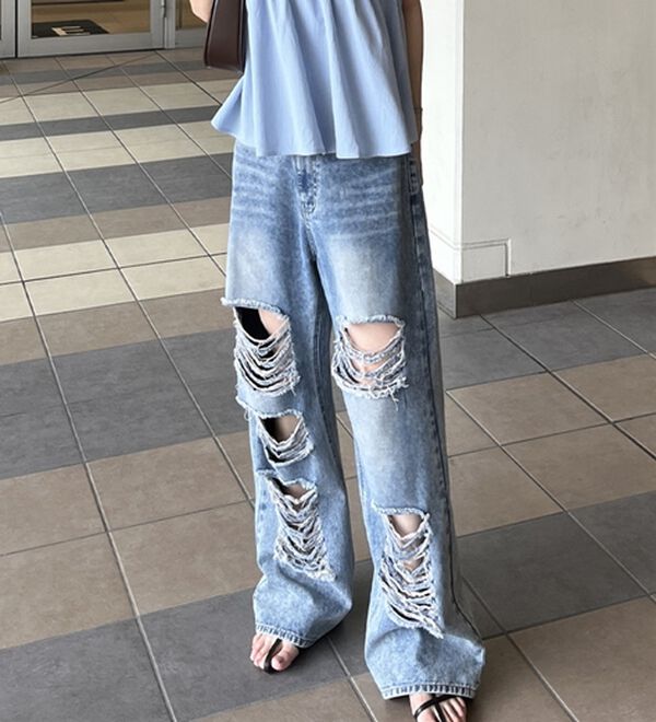 GeeRA（ジーラ）の「オリジナルパットダメージワイドデニム（ワイドパンツ・ガウチョ）」｜詳細画像